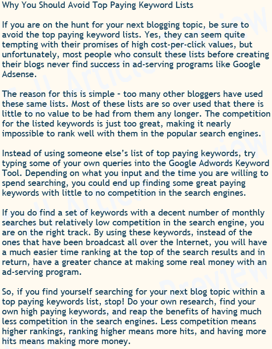 Buy this article about avoiding top paying keyword lists for your website or blog.