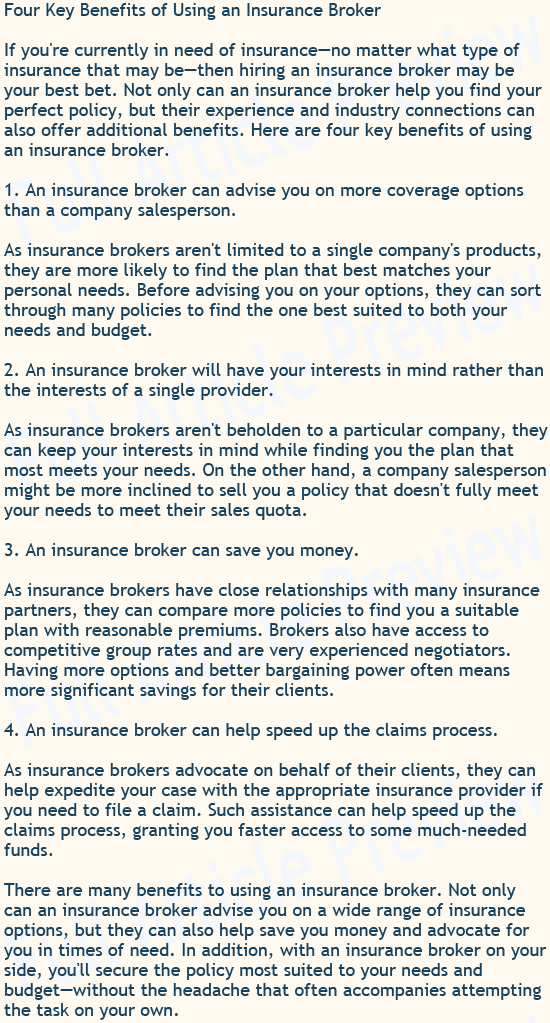 Buy this article about insurance brokers for your newsletter, website, or blog.