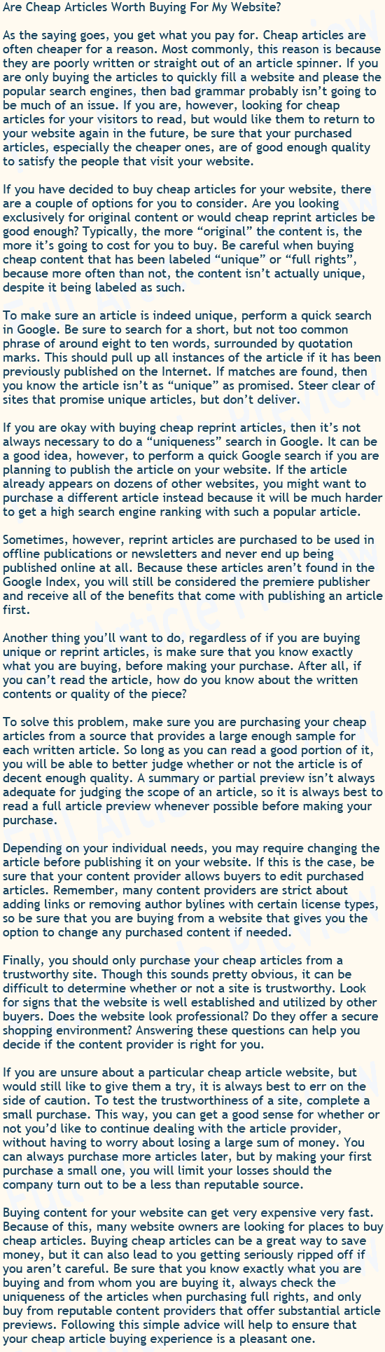 This article talks about buying cheap articles for your website.