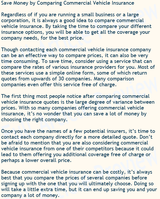 This insurance article suggests comparing commercial vehicle insurance online to save money.