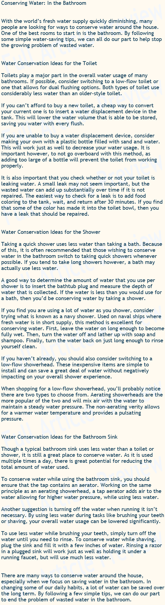 This article talks about ways to conserve water in your bathroom.