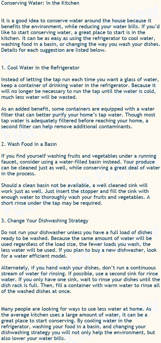 This article talks about ways to use less water in the kitchen.
