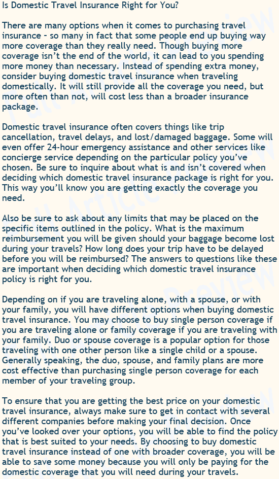 Buy articles about domestic travel insurance for your website.