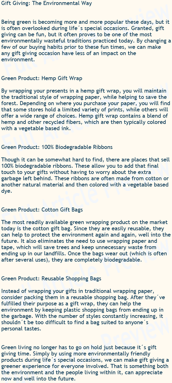 Ready made articles about buying environmentally friendly gifts.