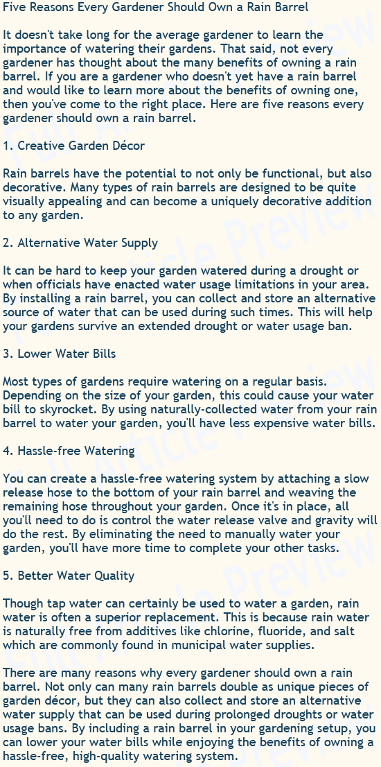 Buy this article about rain barrels for your newsletter, website, or blog.