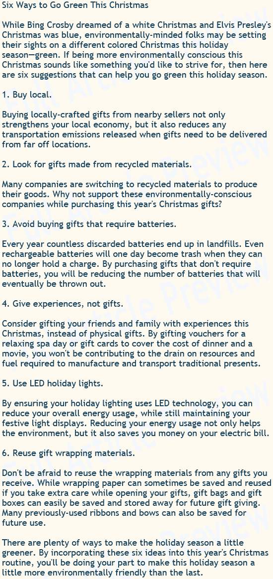 Buy this Christmas article about saving the environment for your newsletter, website, or blog.