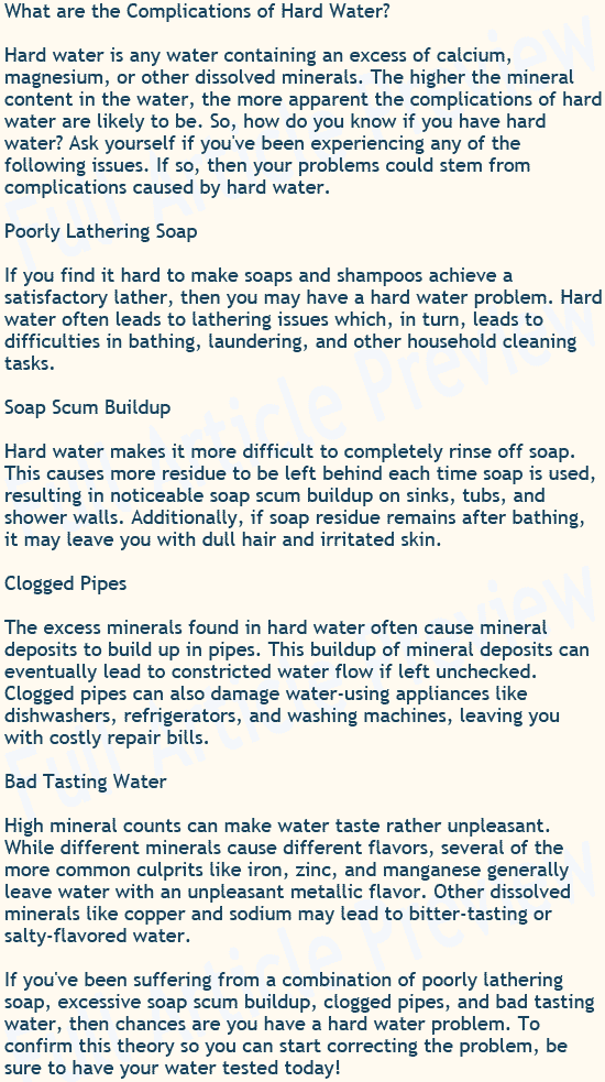 Buy this article about hard water for your website, newsletter, or blog.