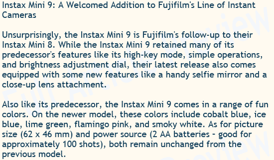 Buy this article about Fujifilm's Instax Mini 9 for your website or blog.