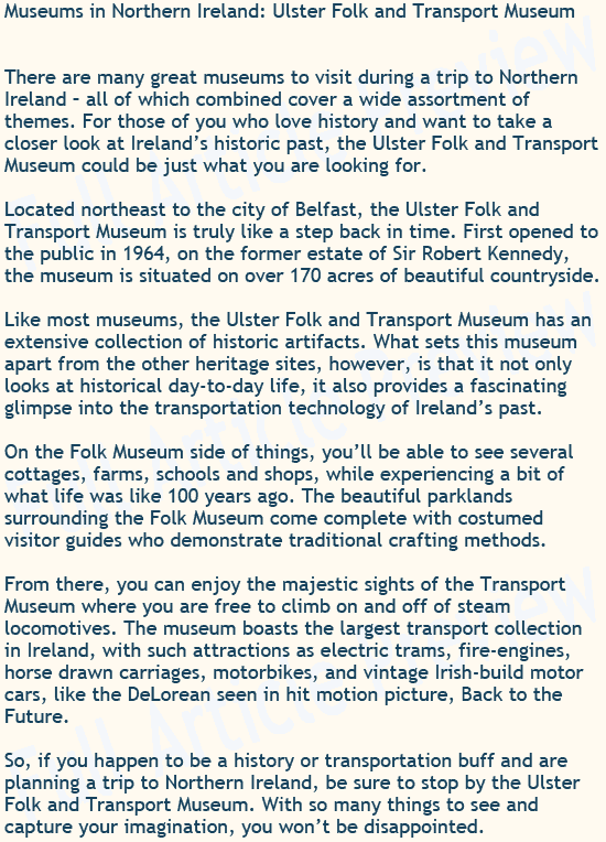 Pre-written articles for sale about Northern Ireland's Ulster Folk and Transport Museum.