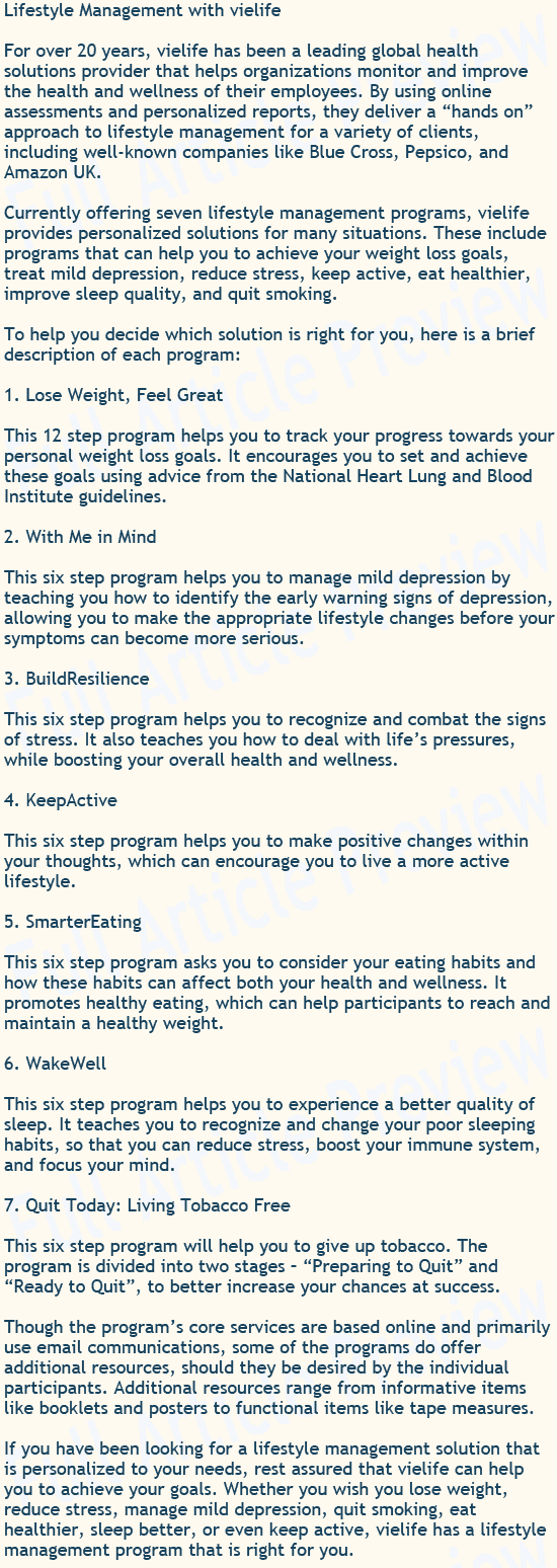 This article talks about the Lifestyle Management programs offered by vielife.