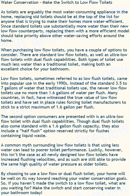 This article provides talks about low flow and dual flush toilets.