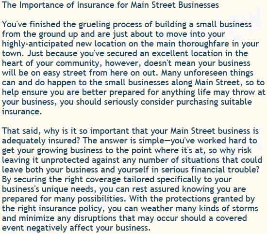 Buy this article about main street business insurance for your newsletter, website, or blog.