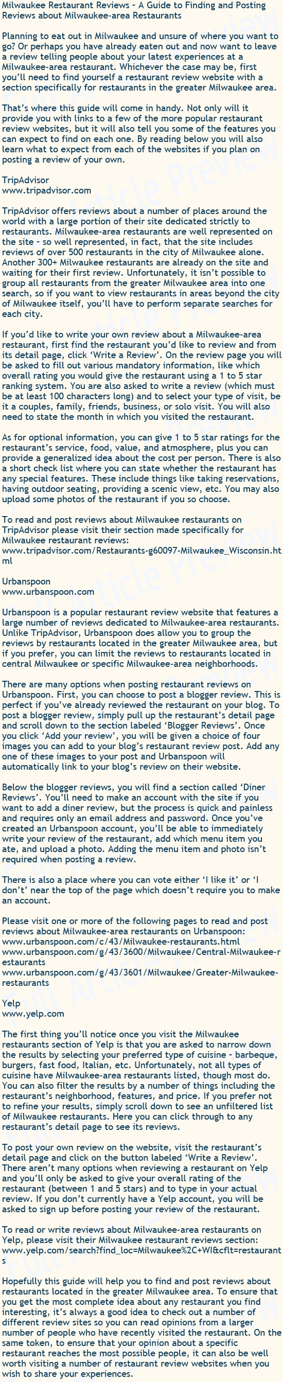 Buy articles about reading and writing reviews about Milwaukee-area restaurants for your website or blog.