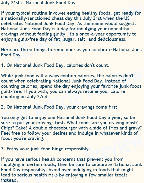 Buy this article about National Junk Food Day for your newsletter, website, or blog.