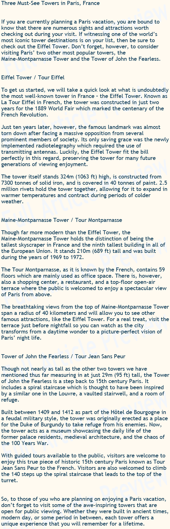 Buy content for blog sites about towers in France.