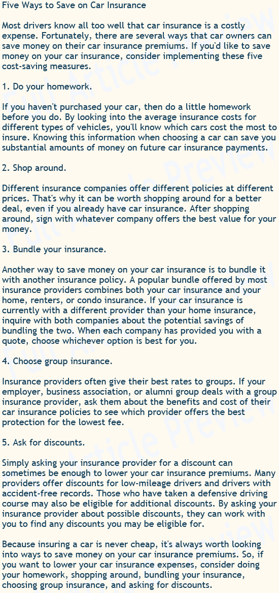 Buy this article about car insurance for your newsletter, website, or blog.