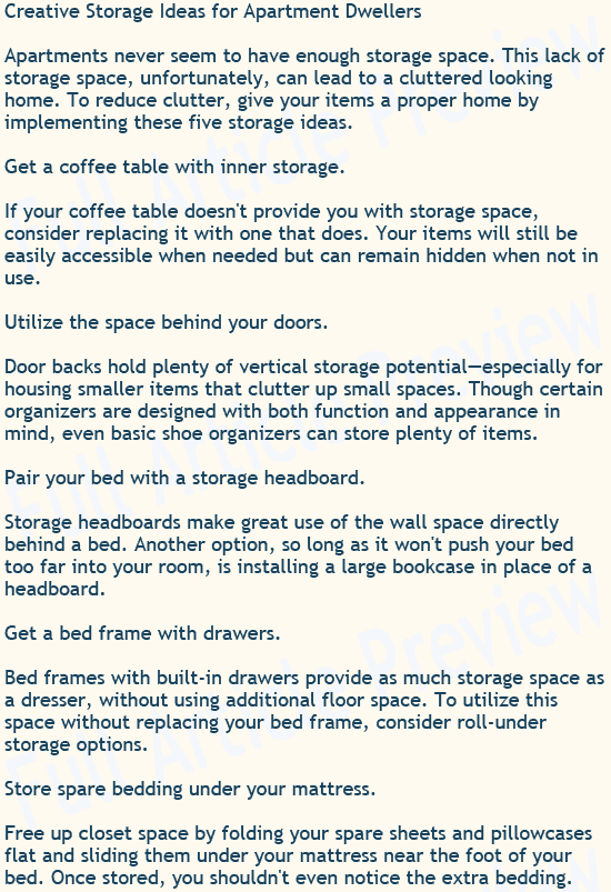Buy this article about apartment storage for your website, newsletter, or blog.