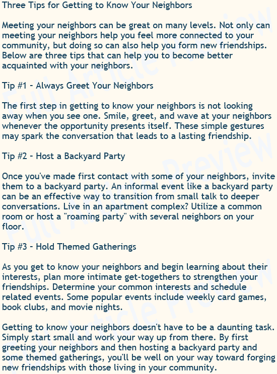 Buy this article about meeting your neighbors for your website or blog.
