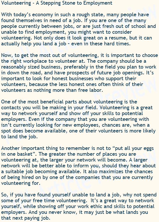 Buy interesting newsletter articles about volunteering for your website or blog.