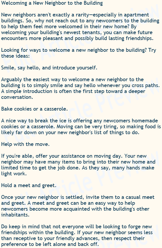 Buy this article about welcoming new neighbors for your newsletter, website, or blog.