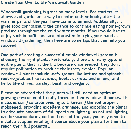 Buy this article about creating a windowsill garden for your website, newsletter, or blog.